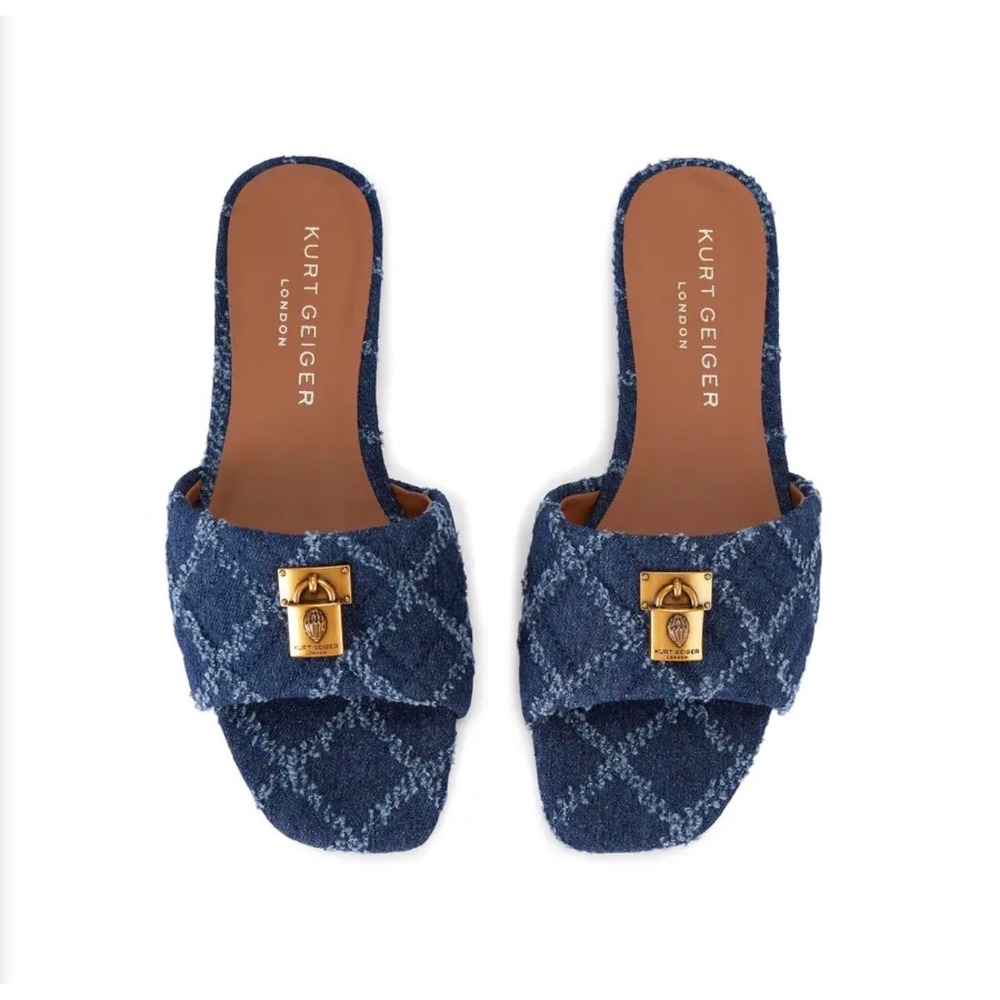 Kurt Geiger Brixton Flat Sandal Womens Blue Excellence Quilted Denim Padlock